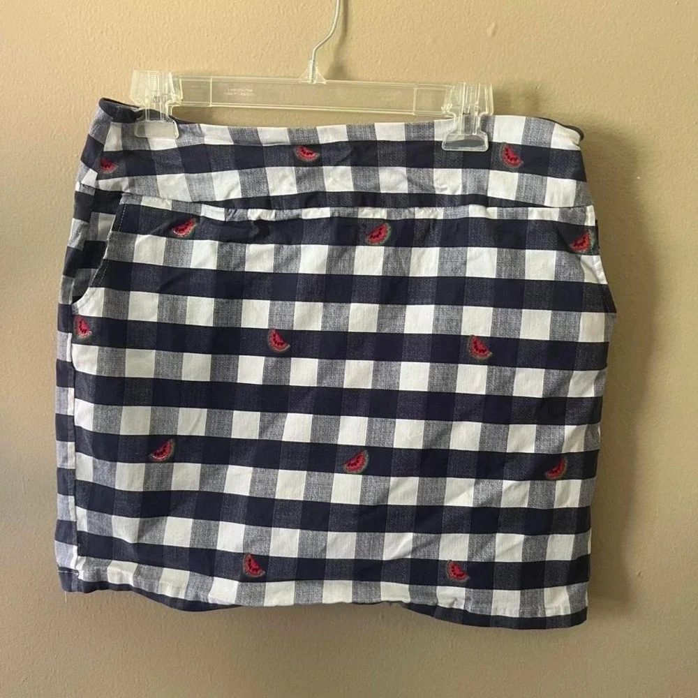 Sara Studio Petite Navy White Gingham Watermelon‎ Embroidered Skort Large L